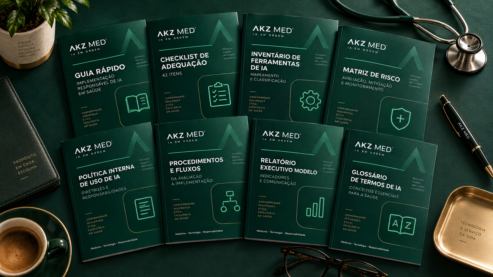 Conjunto de capas verde-escuras dos documentos do kit AKZ MED